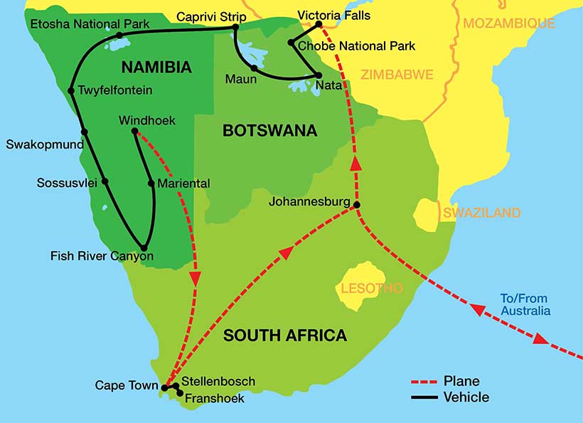 Botwsana-Namibia-Cape-Town-Tour-Map