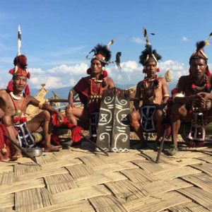 Men dressed in tribal clothing for Nagaland festival