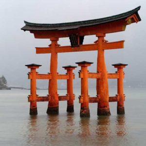 Red shrine and floating torii gate
