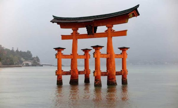 Red shrine and floating torii gate